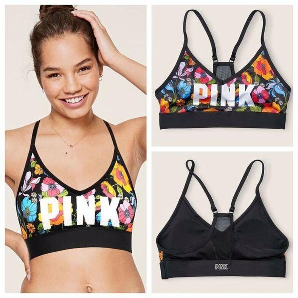 Victorias Secret PINK sport Ultimate Lightly Lined Sports Bra Top Black Floral L